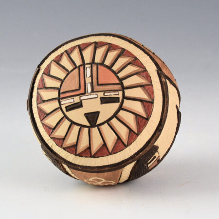 Alternative view of Namoki, Lawrence - "Blessings to You" Seedpot with Eagle Dancers and Sun (1988)