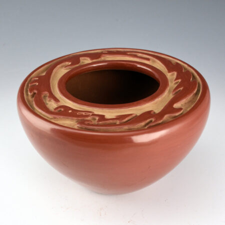 Archuleta, Mary Ester - Red Flat Top Bowl with Carved Avanyu (1960s)