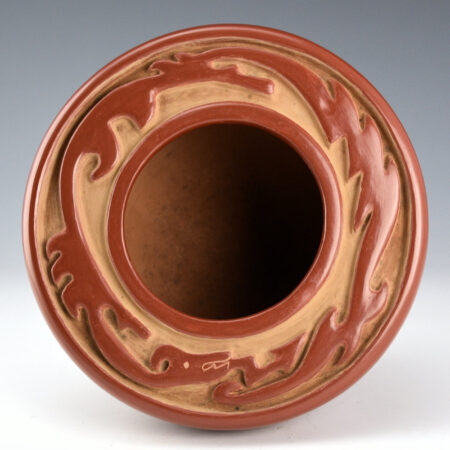 Alternative view of Archuleta, Mary Ester - Red Flat Top Bowl with Carved Avanyu (1960s)