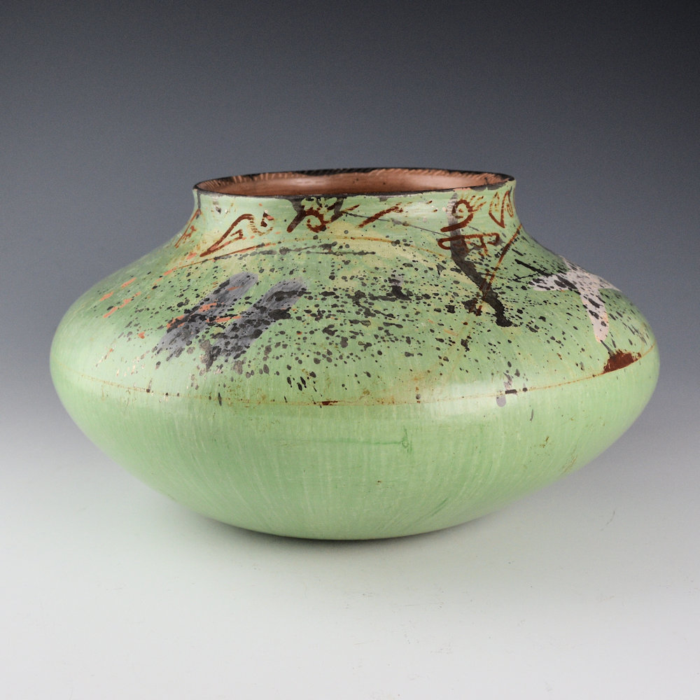 Begaye, Nathan - 9" Wide Green "Modern Petroglyph" Jar (1999) - Image 3