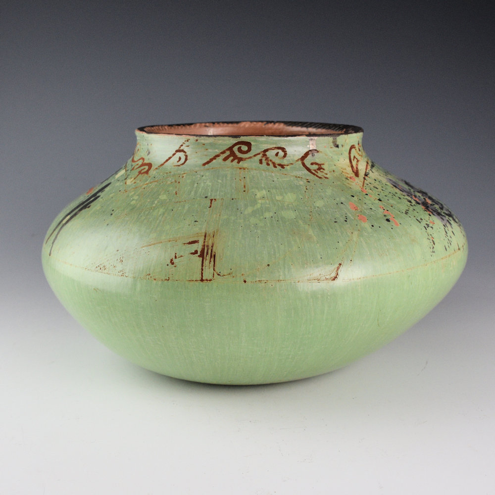 Begaye, Nathan - 9" Wide Green "Modern Petroglyph" Jar (1999) - Image 2