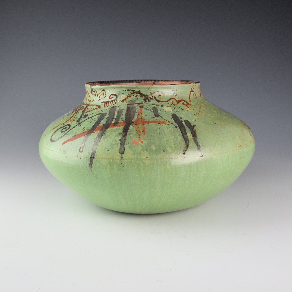 Begaye, Nathan - 9" Wide Green "Modern Petroglyph" Jar (1999)
