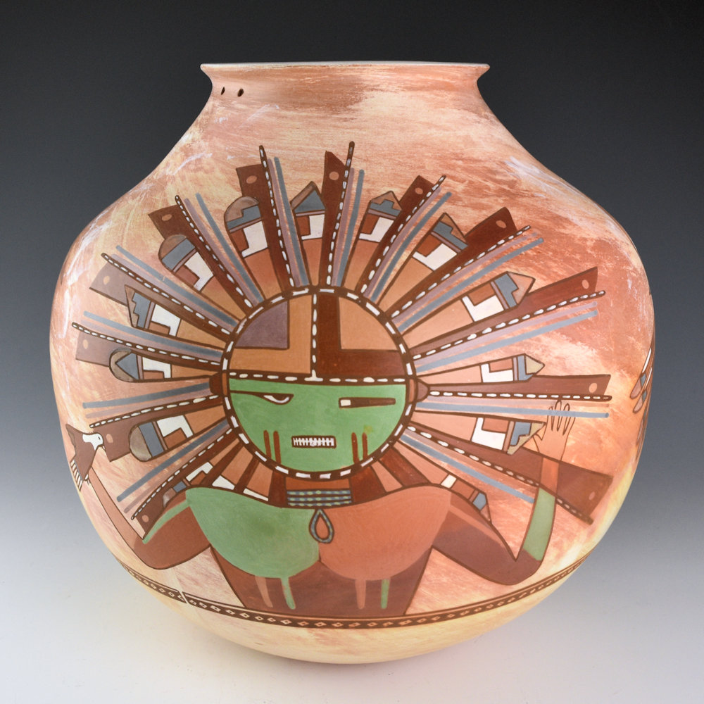 Begaye, Nathan - Polychrome Storage Jar with Sun Katsina and 3 Hopi Birds (1991)