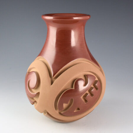 Alternative view of Youngblood, Nathan - 8" Tall Tri-Color Water Jar with Cloud and Bird Medallions (1990s)