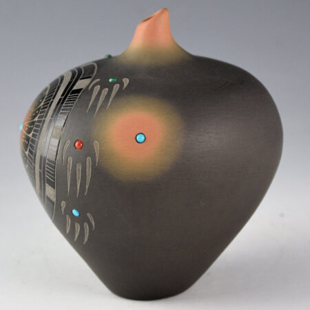 Alternative view of Suazo, Ron - Black and Sienna Jar with Feather Medallions, Bear Tracks and Stones