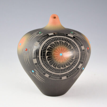 Suazo, Ron - Black and Sienna Jar with Feather Medallions, Bear Tracks and Stones