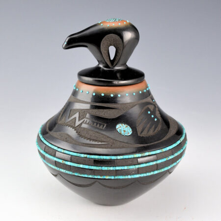 Sanchez, Russell  - Black-and-Sienna Jar with Avanyu, Bear Lid and 56 Inset Stones