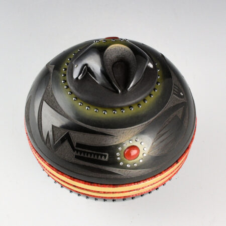 Alternative view of Sanchez, Russell  - Black and Green Bowl with Avanyu, Bear Lid, 130 Inset Stones