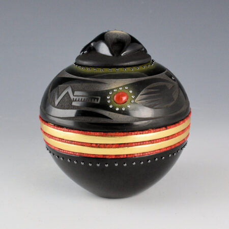 Sanchez, Russell  - Black and Green Bowl with Avanyu, Bear Lid, 130 Inset Stones