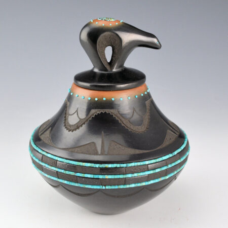 Alternative view of Sanchez, Russell  - Black-and-Sienna Jar with Avanyu, Bear Lid and 56 Inset Stones