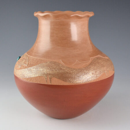 Alternative view of Sanchez, Russell  - Large Red and Tan Water Jar with Avanyu, Turquoise (1988)