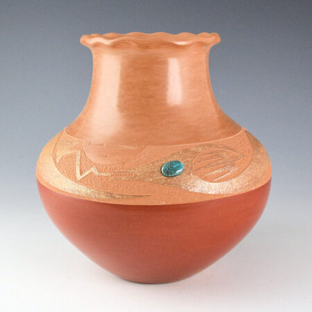 Sanchez, Russell  - Large Red and Tan Water Jar with Avanyu, Turquoise (1988)