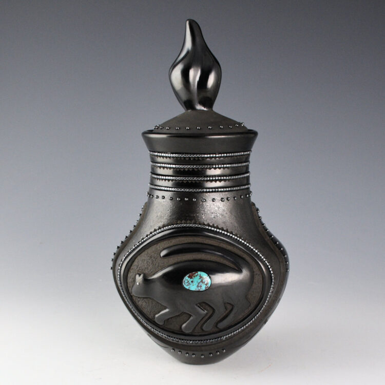 Sanchez, Russell  - Water Jar with Cougar, Bear, Flame Lid and 135 Inset Stones