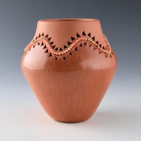 Alternative view of Carpio, Caroline - Red Jar with Carved Mountains and Inset Coral Beads