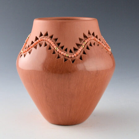 Carpio, Caroline - Red Jar with Carved Mountains and Inset Coral Beads