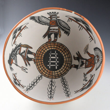 Alternative view of Montoya, John - 10" Wide Sandia Pueblo Bowl with Eagles, Step Rim, and Katsina Figures (1996)