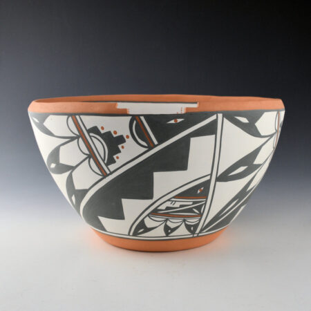 Montoya, John - 10" Wide Sandia Pueblo Bowl with Eagles, Step Rim, and Katsina Figures (1996)