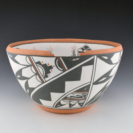 Montoya, John - 10" Wide Sandia Pueblo Bowl with Eagles, Step Rim, and Katsina Figures (1996)
