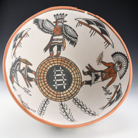 Alternative view of Montoya, John - 10" Wide Sandia Pueblo Bowl with Eagles, Step Rim, and Katsina Figures (1996)
