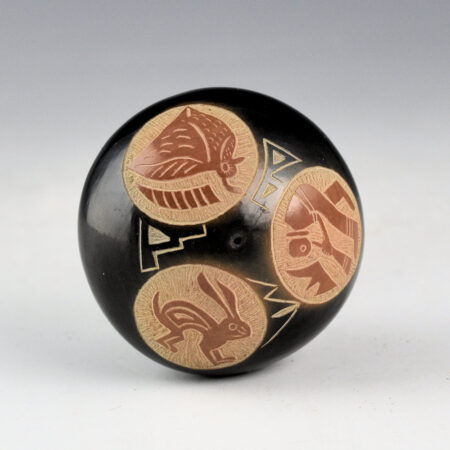 Alternative view of Tapia, Mae - Black and Sienna Seedpot with Rabbit, Quail, and Flute Player