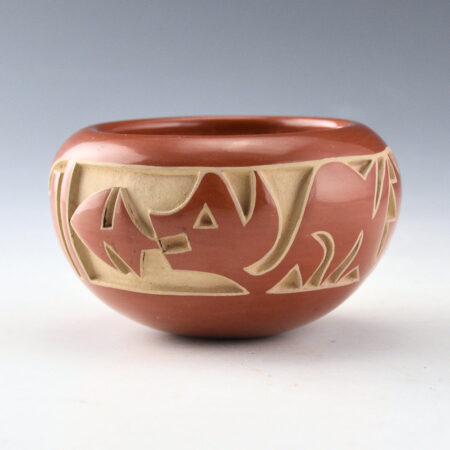 Suazo, Marie - Red Bowl with Carved Avanyu and Lightning Designs