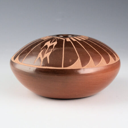 Alternative view of Talachy, Pearl - Brown Polished Seedpot with Feathers & Corn (Nambe Pueblo)