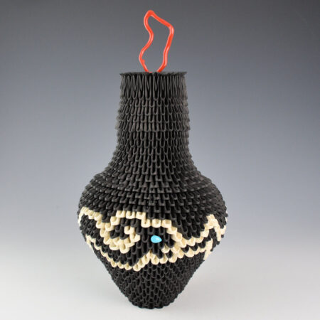 Scott, Rain - Origami Water Jar with Avanyu, Turquoise, and Coral Lid