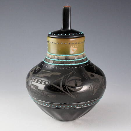 Alternative view of Sanchez, Russell  - Black-and-Green Jar with Old-Style Clouds, Bear Paws, Lid and 205 Stones