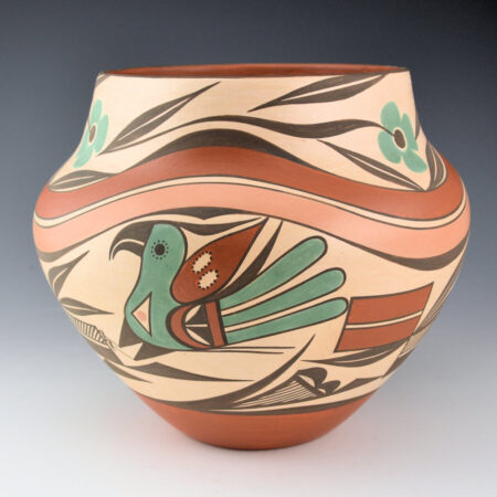 Alternative view of White Dove, Shayetsa - Large Six Color Water Jar with Acoma Birds and Rainbows (1999)