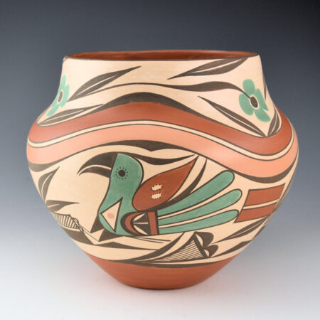 White Dove, Shayetsa - Large Six Color Water Jar with Acoma Birds and Rainbows (1999)