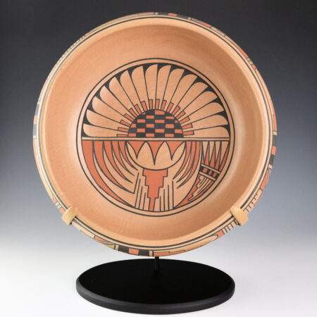 Blue Corn - 12" Wide Polychrome Bowl with Feather and Geometric Designs (1970s)