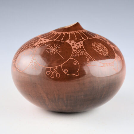 Naranjo, Forest - Brown Jar with 6 Turtles and Feathers