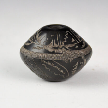 Naranjo, Geri  - Small Black Jar with Avanyu and Feather Designs