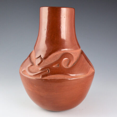 Gonzales, Juanita & Wo-Peen - 8" Tall Long Neck Jar with Carved Avanyu (1930s)