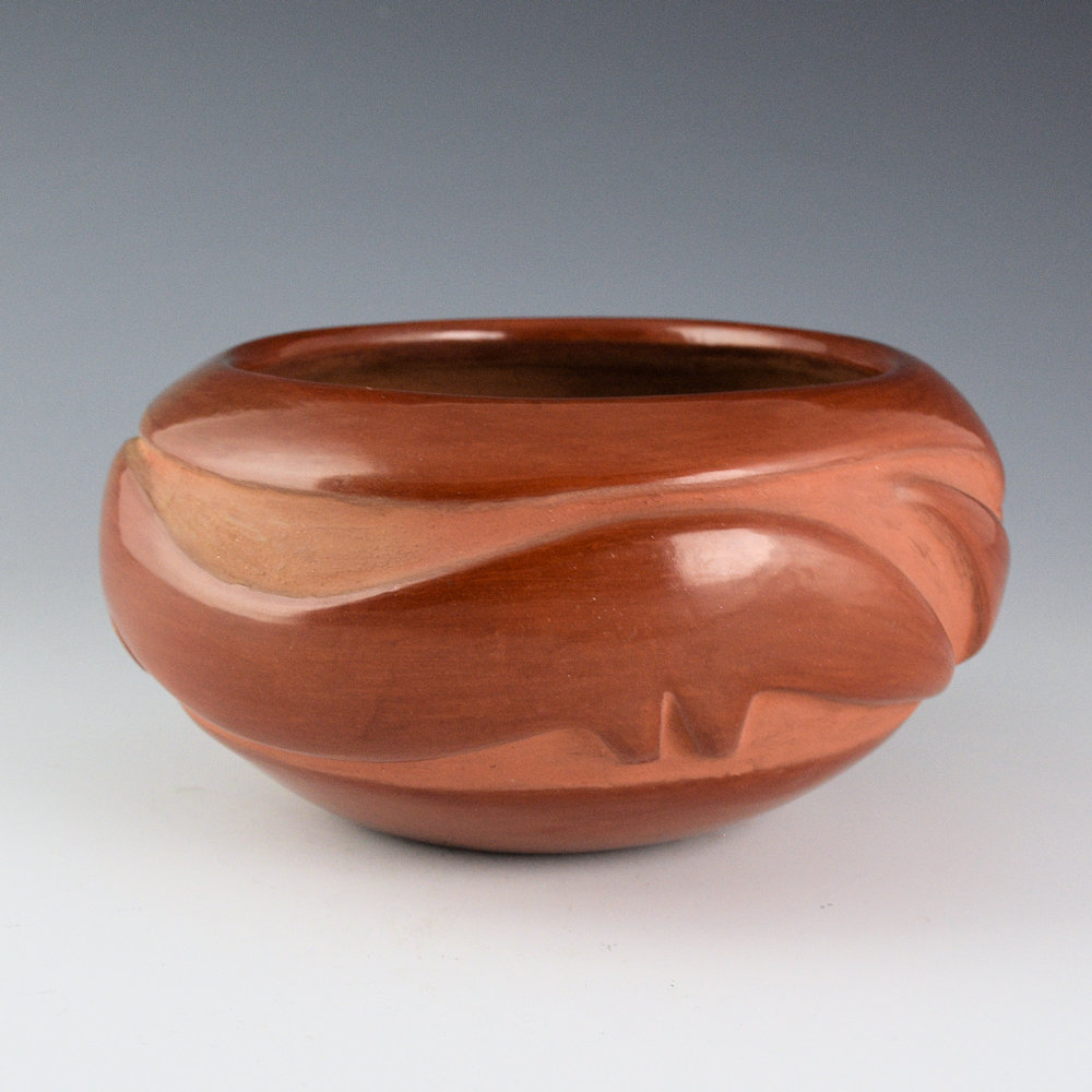 Gonzales, Juanita & Wo-Peen - 7" Wide Red Bowl with Carved Avanyu (1930s) - Image 3