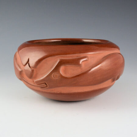 Gonzales, Juanita & Wo-Peen - 7" Wide Red Bowl with Carved Avanyu (1930s)