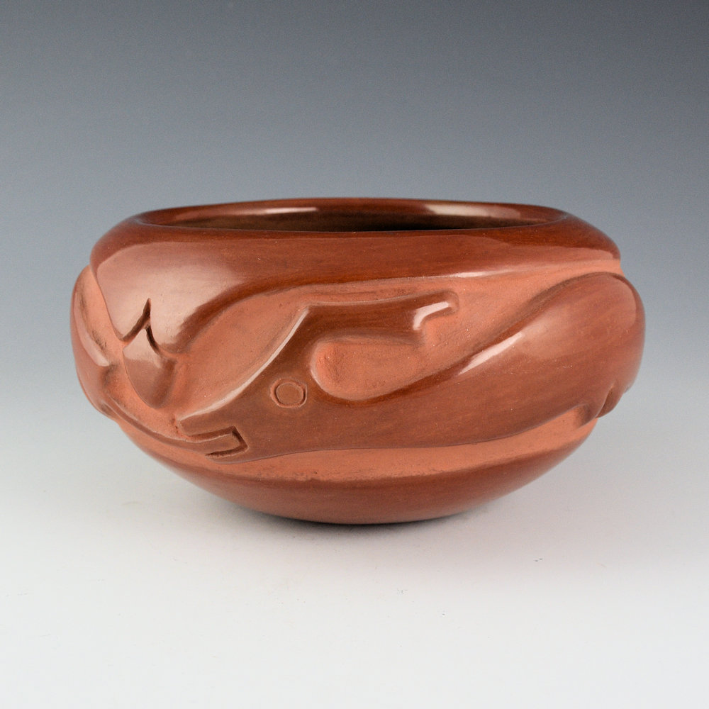 Gonzales, Juanita & Wo-Peen - 7" Wide Red Bowl with Carved Avanyu (1930s)