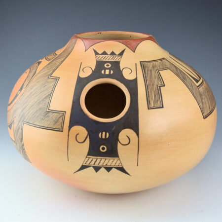 Alternative view of Namingha, Les - 10" Wide Jar with Swirling Zuni Rain Birds (1990s)