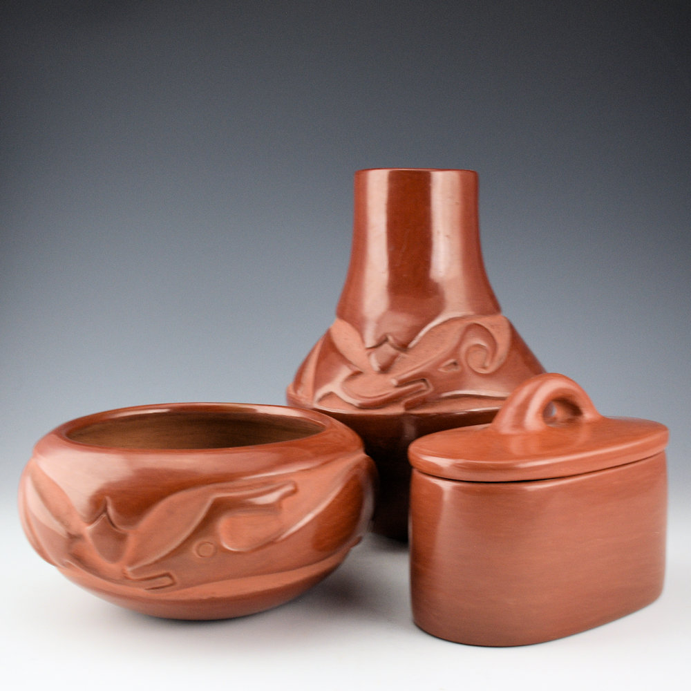 Gonzales, Juanita & Wo-Peen - 7" Wide Red Bowl with Carved Avanyu (1930s) - Image 5