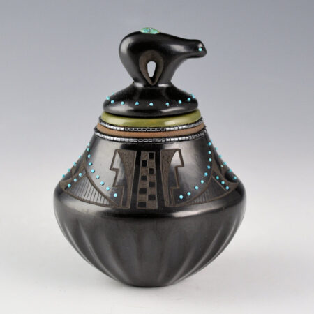 Alternative view of Sanchez, Russell  - Black-and-Green Jar with Bear, Melon Rib Base, Bear Lid, and 65 Inset Stones