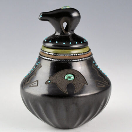 Sanchez, Russell  - Black-and-Green Jar with Bear, Melon Rib Base, Bear Lid, and 65 Inset Stones