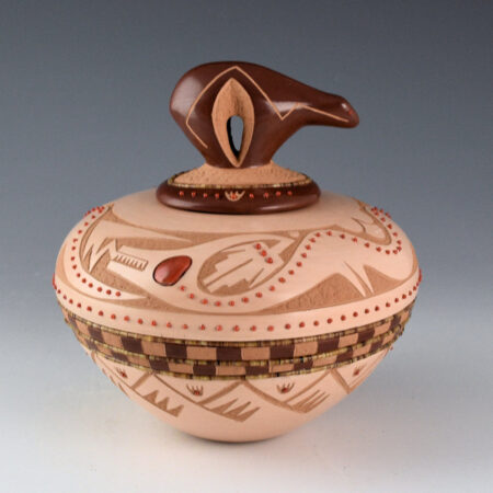 Alternative view of Sanchez, Russell  - Polychrome Jar with Double Avanyu, Bear Lid, Bear Paws, and 194 Coral