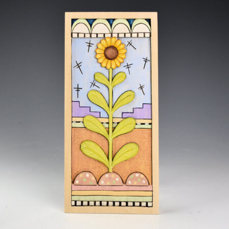 Honyouti, Mavasta - "Sunflower and Dragonflies" Relief-Carved Cottonwood Plaque