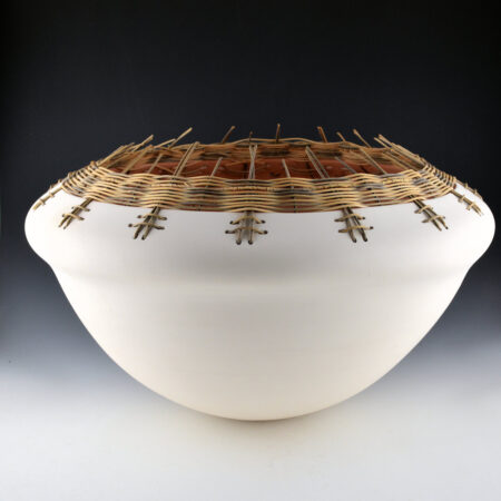 Stevens, Jacquie - 17" Wide Double Shoulder White Jar with Woven Basket Rim (2008)