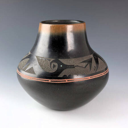 Tafoya, Juan - Black-and-Sienna Jar with Avanyu and Turquoise (1981)