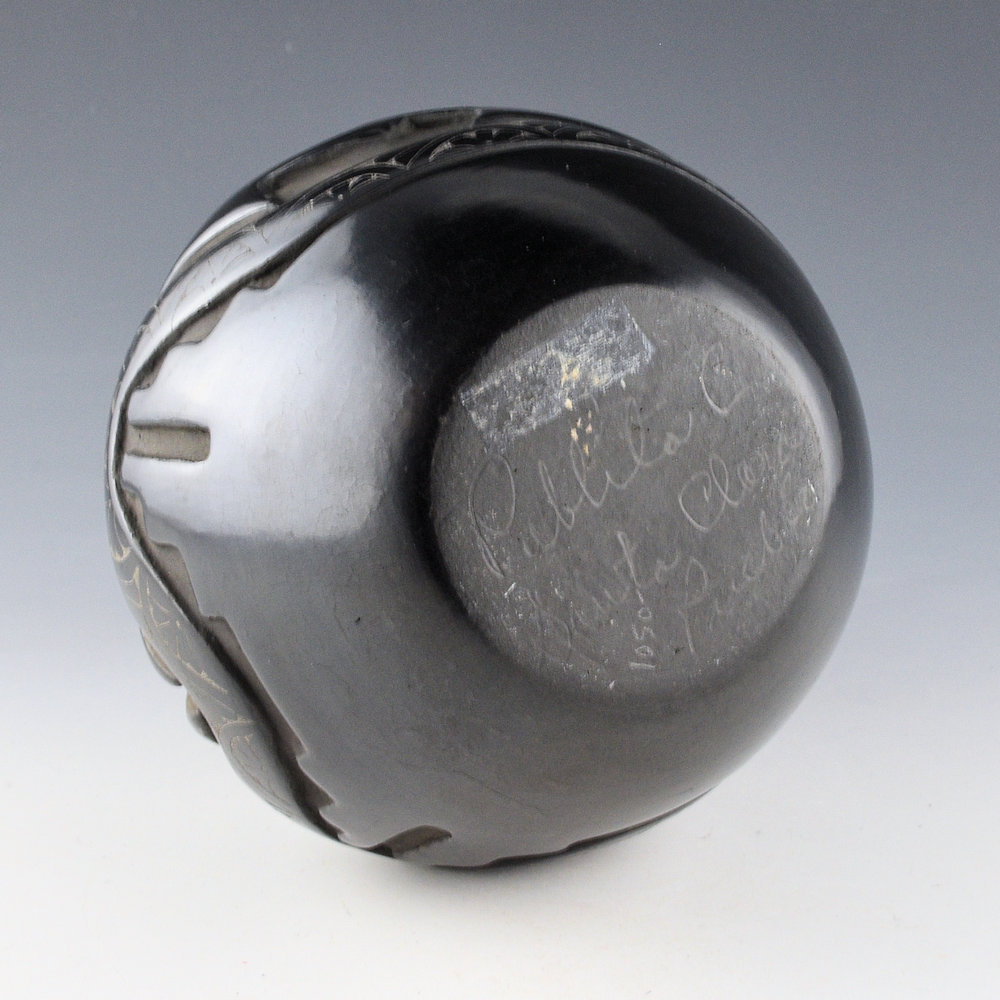 Chavarria, Pablita - 10" Tall Long Neck Jar with Carved Avanyu & Mountains (1970's) - Image 5