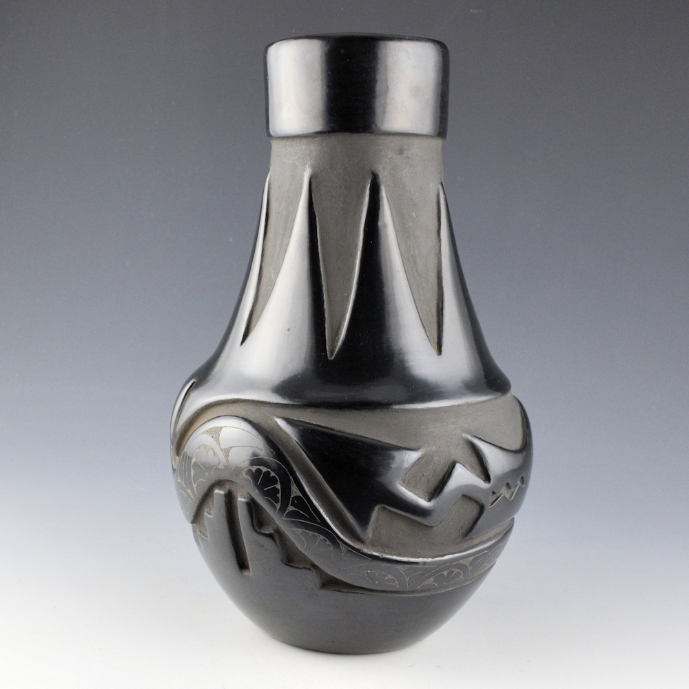 Chavarria, Pablita - 10" Tall Long Neck Jar with Carved Avanyu & Mountains (1970's) - Image 4