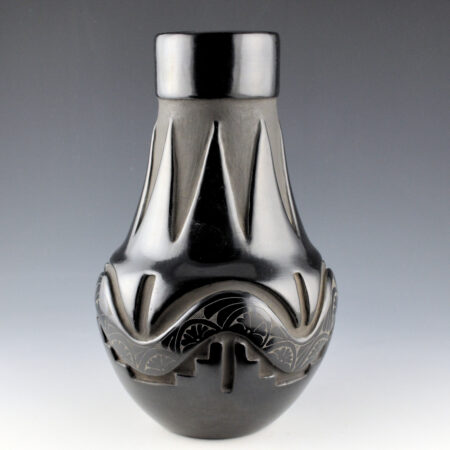 Alternative view of Chavarria, Pablita - 10" Tall Long Neck Jar with Carved Avanyu & Mountains (1970's)