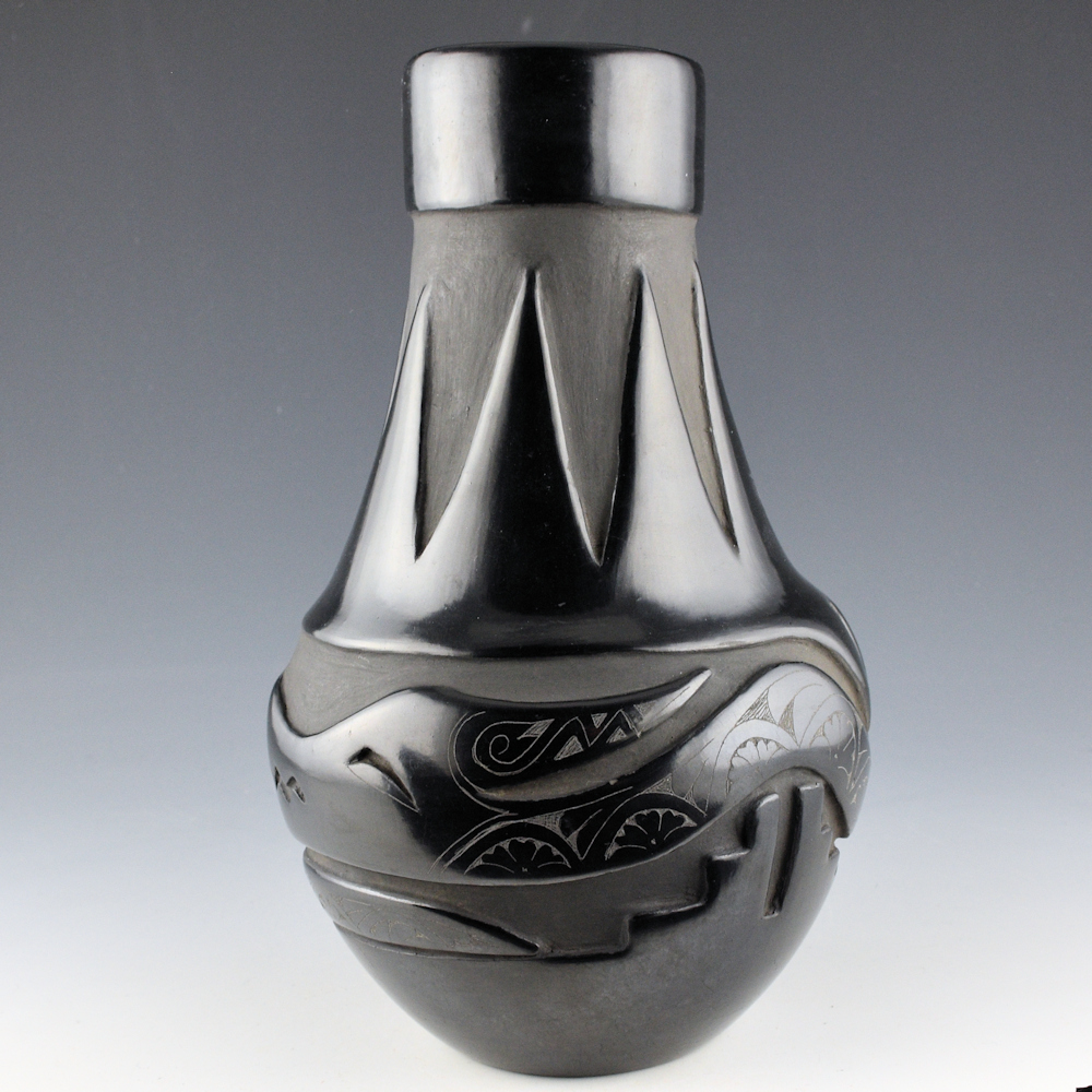 Chavarria, Pablita - 10" Tall Long Neck Jar with Carved Avanyu & Mountains (1970's) - Image 3