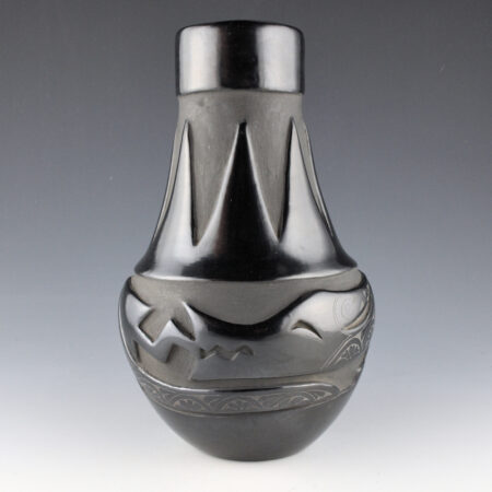 Chavarria, Pablita - 10" Tall Long Neck Jar with Carved Avanyu & Mountains (1970's)